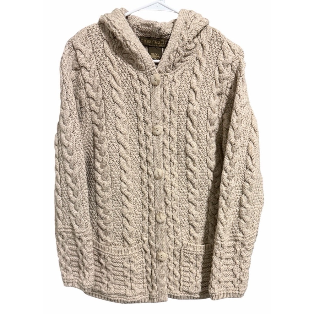 Inis Crafts Merino Wool Cable Knit Button-Down Hooded Cardigan Women's Medium